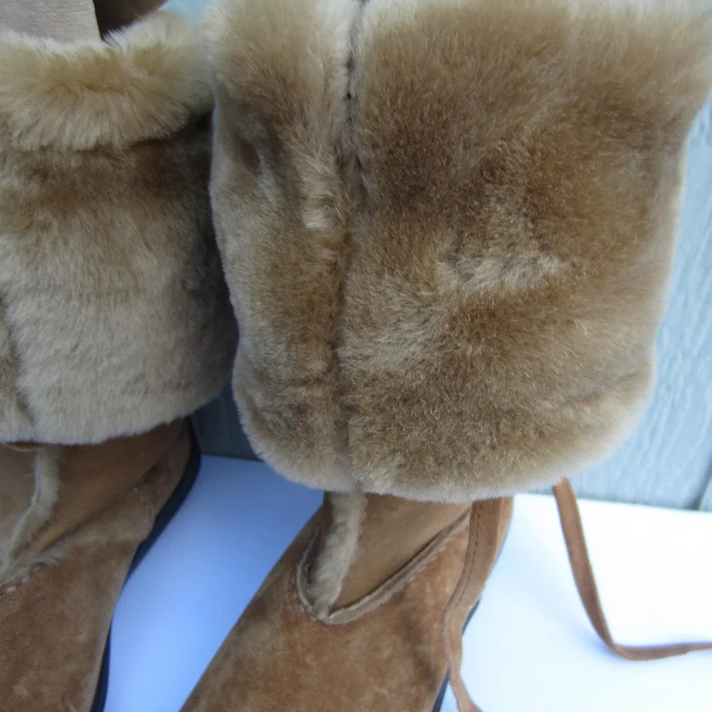 VTG TOD'S Boot Womens 6 Brown Suede Shearling Knee High Fur Laces Y2K Luxury Ita